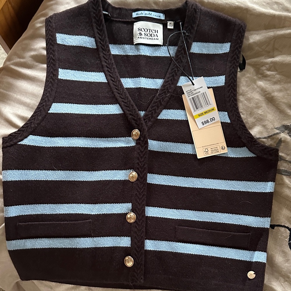 Scotch & Soda dark brown and Light Blue Striped Knit Button Vest